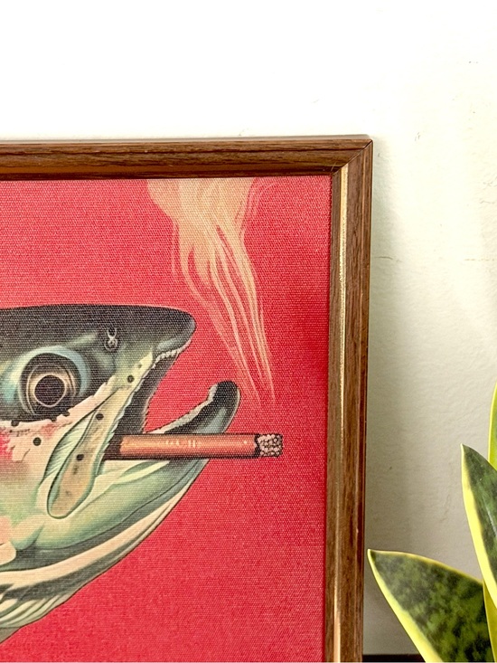 Trout Fish Smoking a Cigarette Vintage Style Canvas Wall Art Print Brown Framed